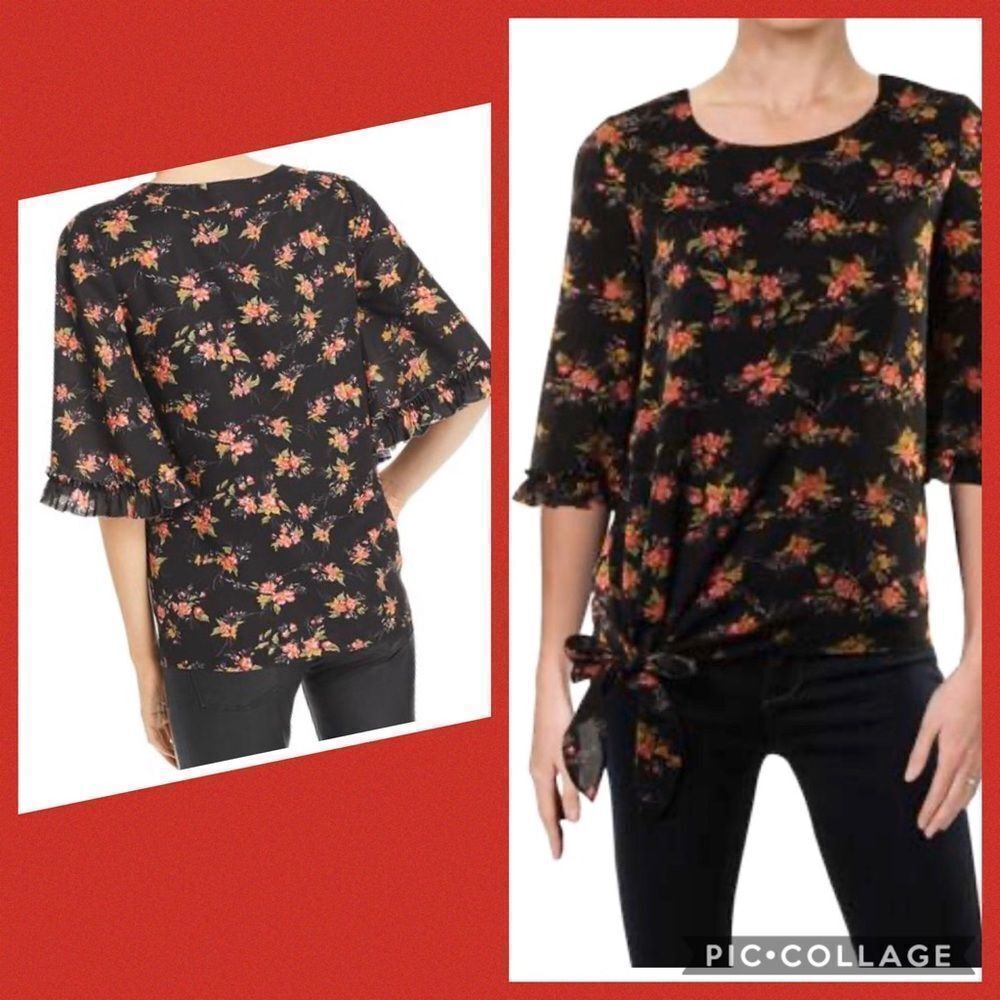NWT LE GALI black  floral bell sleeves blouse XS